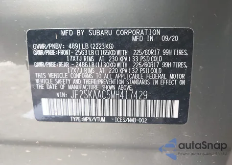 2021 Subaru Forester z USA, uszkodzony, nr VIN JF2SKAAC5MH417429